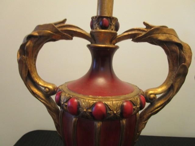 Pair - Urn Design Ornate Lamps, Acanthus Leaf Handles, Ribbed Design Body, Bead/Floral Trim