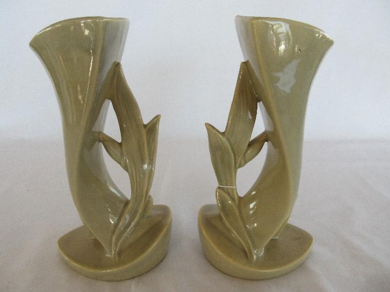 Pair - Roseville Mayfair Pattern Art Deco Tan Vases 1004-9" Circa 1950's