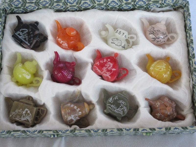 Set - 12 Vintage Carved Stone Miniature Teapots Oriental Designs/Various Colors