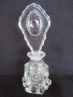 Victorian Era Style Pressed Glass Dresser Scent Bottle w/ Stopper Beaded Medallion Pattern