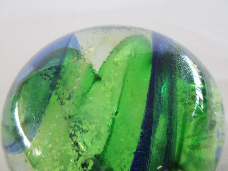 Art Glass Emerald Sphere Paperweight Cobalt Spiral Swirl Design