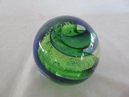 Art Glass Emerald Sphere Paperweight Cobalt Spiral Swirl Design