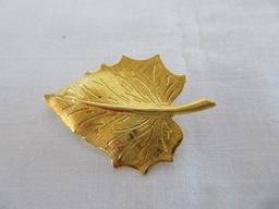 3 Ladies Brooches Gold Tone Leaf, Green Enamel, Faux Pearls/Foliate Design & Other