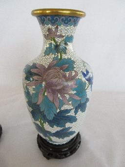 Pair - Cloisonné Vases on Footed Base Chrysanthemum & Foliage w/ Butterfly Design