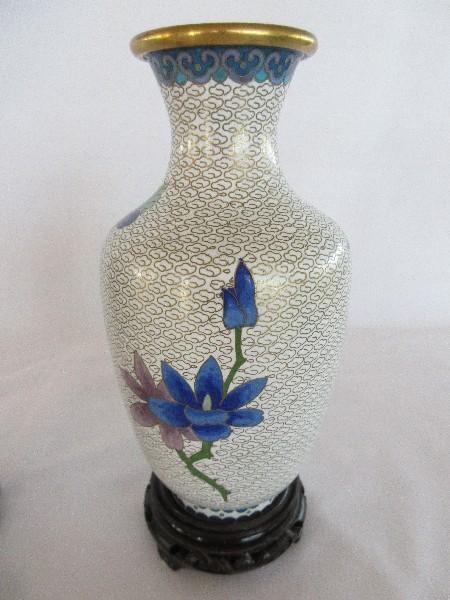 Pair - Cloisonné Vases on Footed Base Chrysanthemum & Foliage w/ Butterfly Design