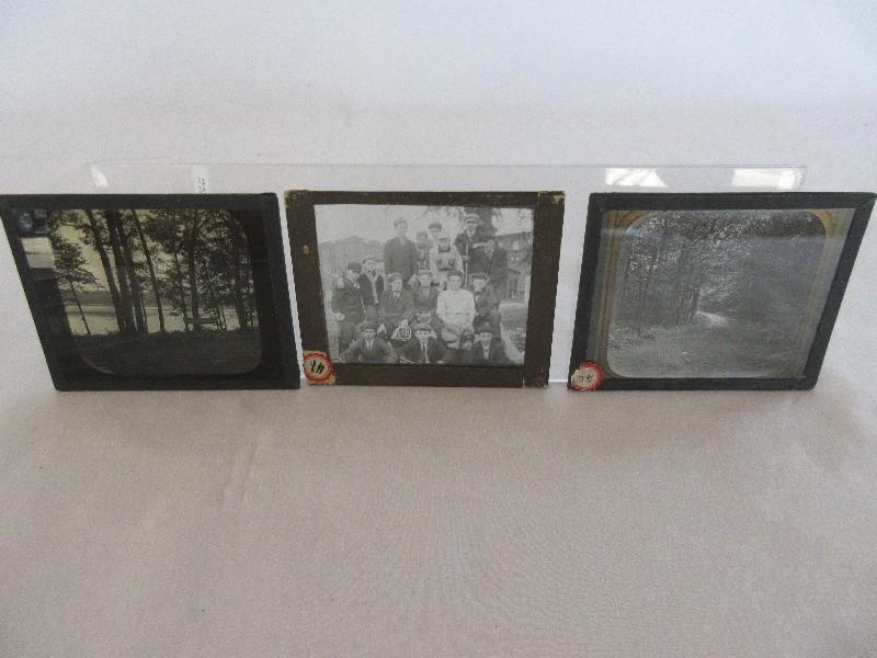 3 Early Photographic Plates Tree Lined Country Road, Mill Baseball Team & Lake Shore Scene