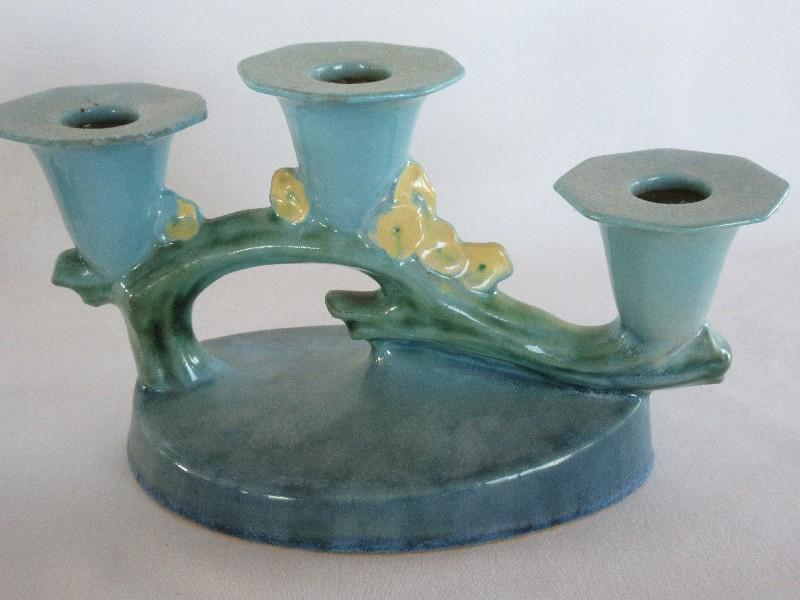 Pair - Roseville Pottery Triple Candleholders Wincraft Art Deco Pattern #253 Circa 1948