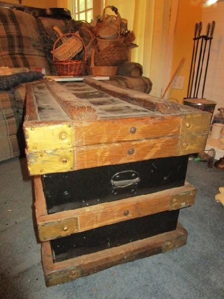 Wooden Vintage Brass Cornered Chest, Black Metal Body w/ Handles