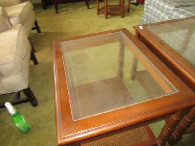 2 Mahogany Wood Side Tables w/ Glass Tops, Wicker Base, Square-Spindle Legs