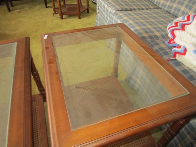 2 Mahogany Wood Side Tables w/ Glass Tops, Wicker Base, Square-Spindle Legs