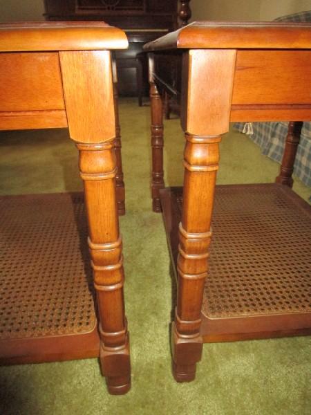 2 Mahogany Wood Side Tables w/ Glass Tops, Wicker Base, Square-Spindle Legs