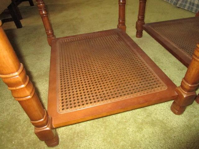 2 Mahogany Wood Side Tables w/ Glass Tops, Wicker Base, Square-Spindle Legs