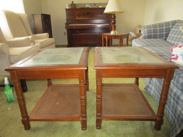 2 Mahogany Wood Side Tables w/ Glass Tops, Wicker Base, Square-Spindle Legs