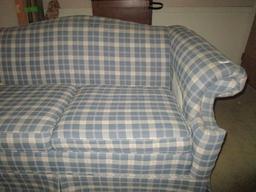 Craftsmaster Furniture Blue/White Checkered 3 Seat Sofa w/ Wood Block Feet, Arch Top