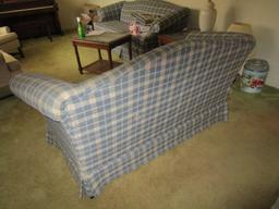 Craftsmaster Furniture Blue/White Checkered 3 Seat Sofa w/ Wood Block Feet, Arch Top