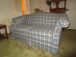 Craftsmaster Furniture Blue/White Checkered 3 Seat Sofa w/ Wood Block Feet, Arch Top