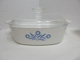 6 Piece - Corningware Blue Corn Flower Pattern Casseroles w/ Clear Glass Lids