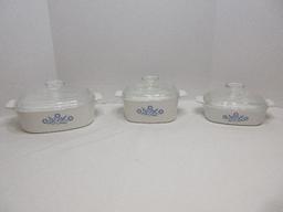 6 Piece - Corningware Blue Corn Flower Pattern Casseroles w/ Clear Glass Lids