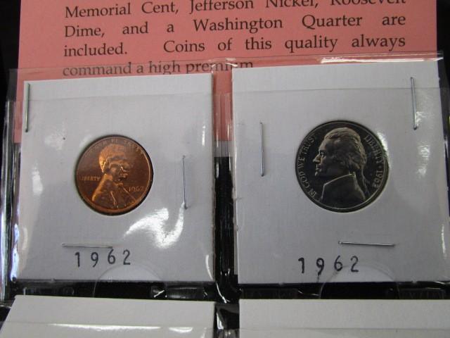 4 Proof Set Coins 1962 Penny, 1962 5 Cents, 1975 One Dime, 1969 Quarter
