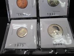 4 Proof Set Coins 1962 Penny, 1962 5 Cents, 1975 One Dime, 1969 Quarter