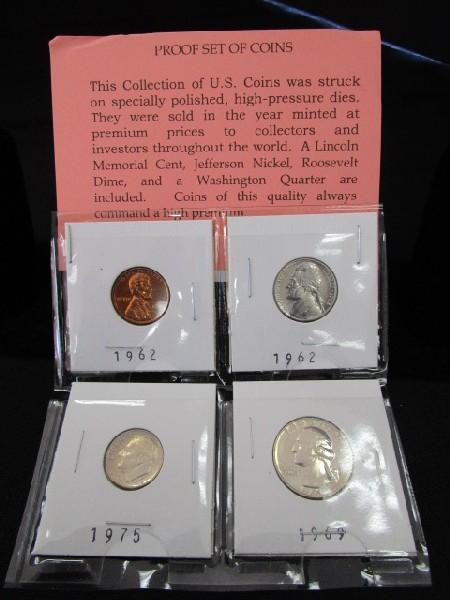 4 Proof Set Coins 1962 Penny, 1962 5 Cents, 1975 One Dime, 1969 Quarter