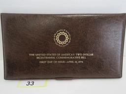 1976 First Day Issue U.S. $2.00 Bicentennial Commemorative Bill Sealed in Presentation Wallet