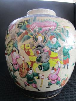 Antique Design Urn Stoneware Vase w/ Colorful Asian Battle Scene Motif & Cloud Motif Trim