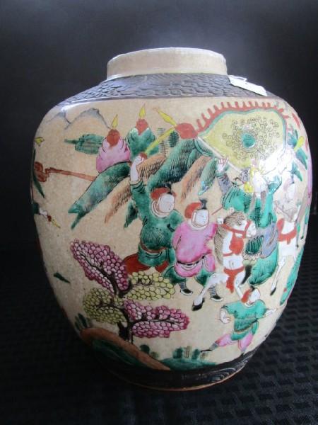 Antique Design Urn Stoneware Vase w/ Colorful Asian Battle Scene Motif & Cloud Motif Trim