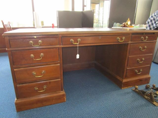 Hoosier Desks Wooden Office Desk 7 Dovetailed Drawers, 1 File Drawer, Brass Pulls
