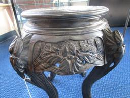 Black Wooden Vase Stand Asian Design Motif w/ Oak Leaf Trim/Legs w/ Curled Feet