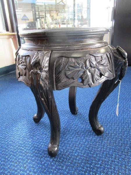 Black Wooden Vase Stand Asian Design Motif w/ Oak Leaf Trim/Legs w/ Curled Feet