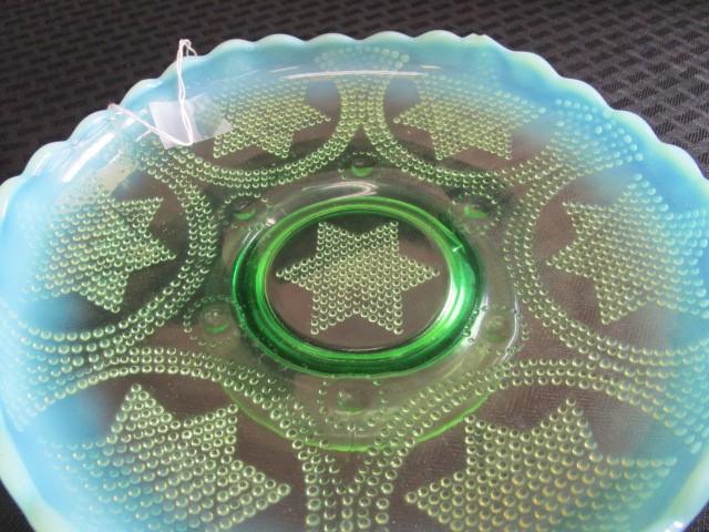 Green-To-Milk Glass Raised Dish Bead Star Pattern Motif Scallop Rim