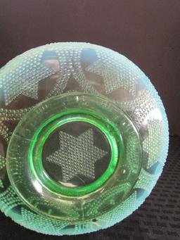 Green-To-Milk Glass Raised Dish Bead Star Pattern Motif Scallop Rim