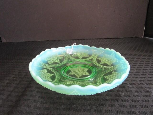 Green-To-Milk Glass Raised Dish Bead Star Pattern Motif Scallop Rim