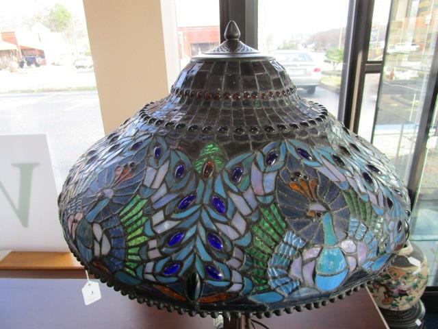 Tall Brown Metal Lamp w/ Tiffany-Style Slag Glass Shade, Shade Blue Peacock Pattern