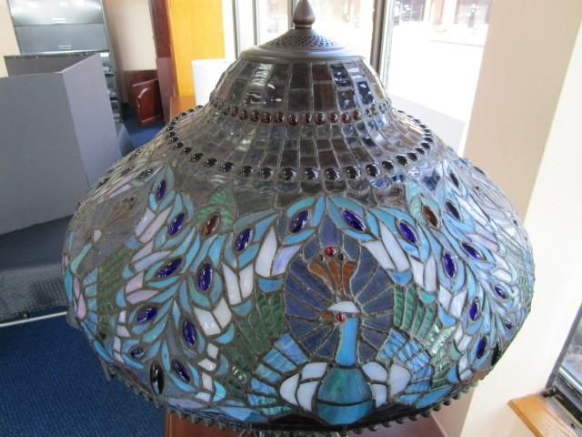 Tall Brown Metal Lamp w/ Tiffany-Style Slag Glass Shade, Shade Blue Peacock Pattern