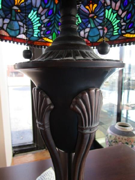 Tall Brown Metal Lamp w/ Tiffany-Style Slag Glass Shade, Shade Blue Peacock Pattern