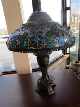 Tall Brown Metal Lamp w/ Tiffany-Style Slag Glass Shade, Shade Blue Peacock Pattern