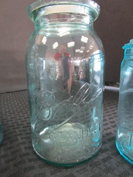 4 Blue Vintage Glass Canning Jars Atlas No.5 w/ Lid 7 1/4" H, Atlas E-Z Seal 7" H
