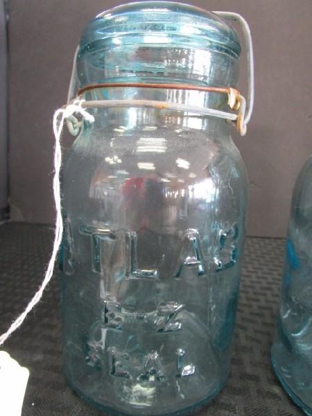 4 Blue Vintage Glass Canning Jars Atlas No.5 w/ Lid 7 1/4" H, Atlas E-Z Seal 7" H