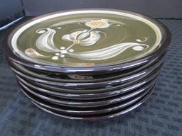 Burkal Houndes Exit Tosha 6 Ceramic Plates w/ Green/White Design Floral Motif
