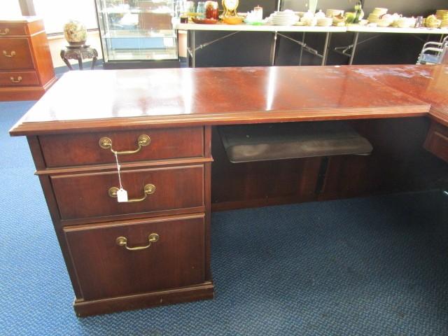 Kimball Wooden Corner Desk w/ 7 Drawers w/ Brass Pulls, Lock w/ Key w/ Attached Keyboard