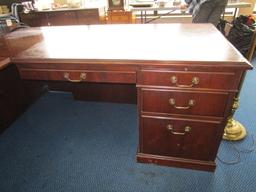 Kimball Wooden Corner Desk w/ 7 Drawers w/ Brass Pulls, Lock w/ Key w/ Attached Keyboard