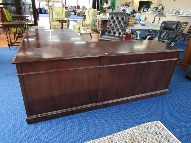 Kimball Wooden Corner Desk w/ 7 Drawers w/ Brass Pulls, Lock w/ Key w/ Attached Keyboard