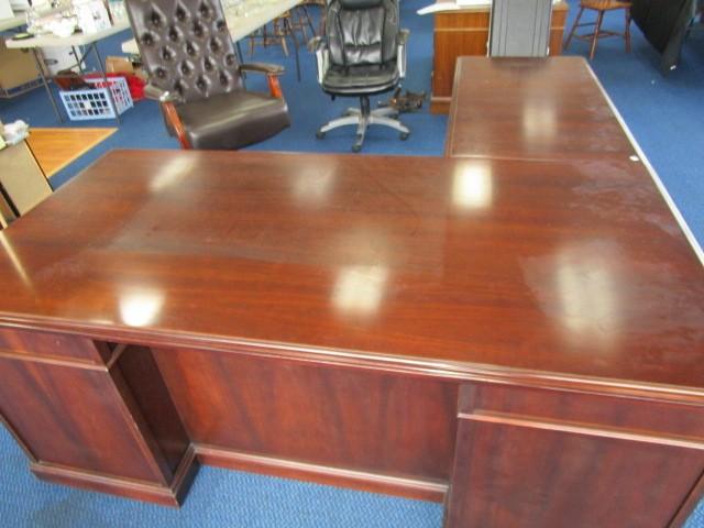 Kimball Wooden Corner Desk w/ 7 Drawers w/ Brass Pulls, Lock w/ Key w/ Attached Keyboard