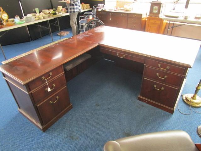 Kimball Wooden Corner Desk w/ 7 Drawers w/ Brass Pulls, Lock w/ Key w/ Attached Keyboard