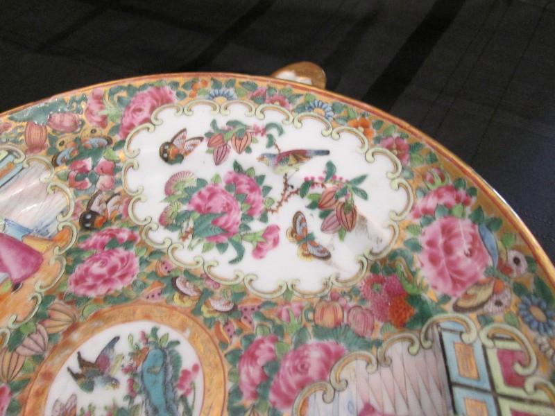 Tall Asian Scene Motif/Rose Pattern Hand Painted Twin Spouted Plate/Bowl