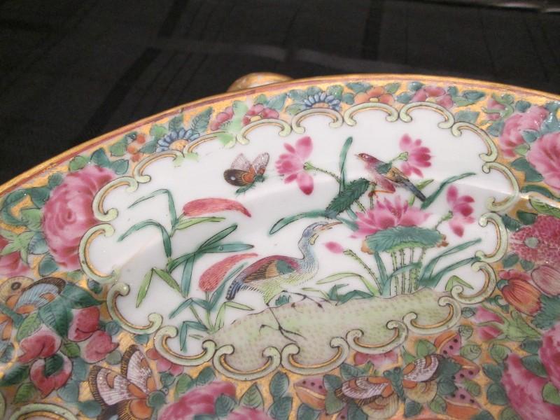 Tall Asian Scene Motif/Rose Pattern Hand Painted Twin Spouted Plate/Bowl