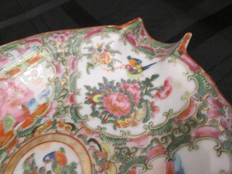 Tall Asian Scene Motif/Rose Pattern Hand Painted Leaf Design Flatware Dish