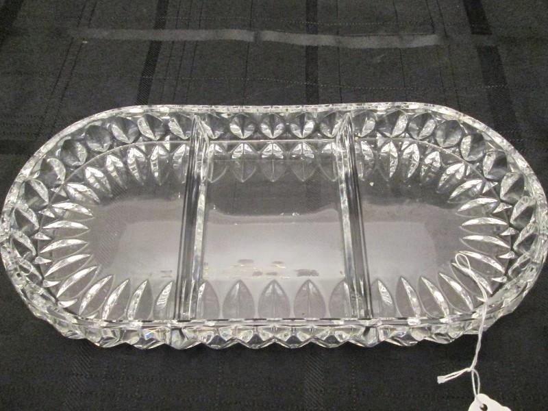 3 Part Divided Lead Crystal Serving Platter Diamond-Cut Pattern